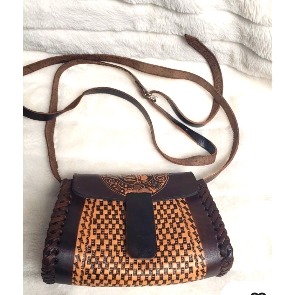 Genuine Leather Hand Tooled Mexican Crossbody Handbag Purse Adjustable Strap